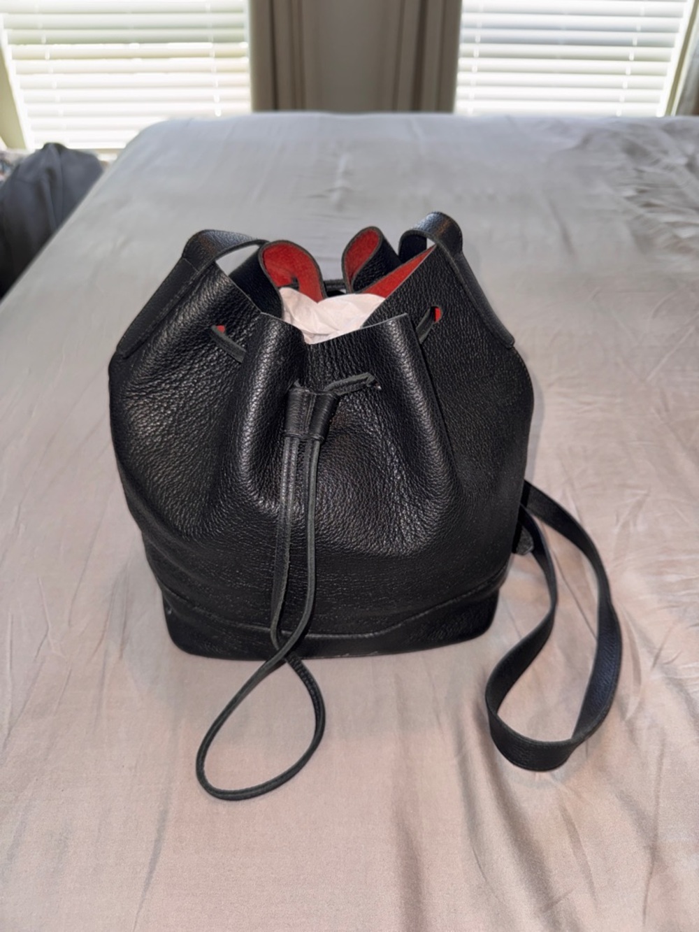 Pietro Alessandro Black Leather Drawstring Bucket Bag with Red Interior